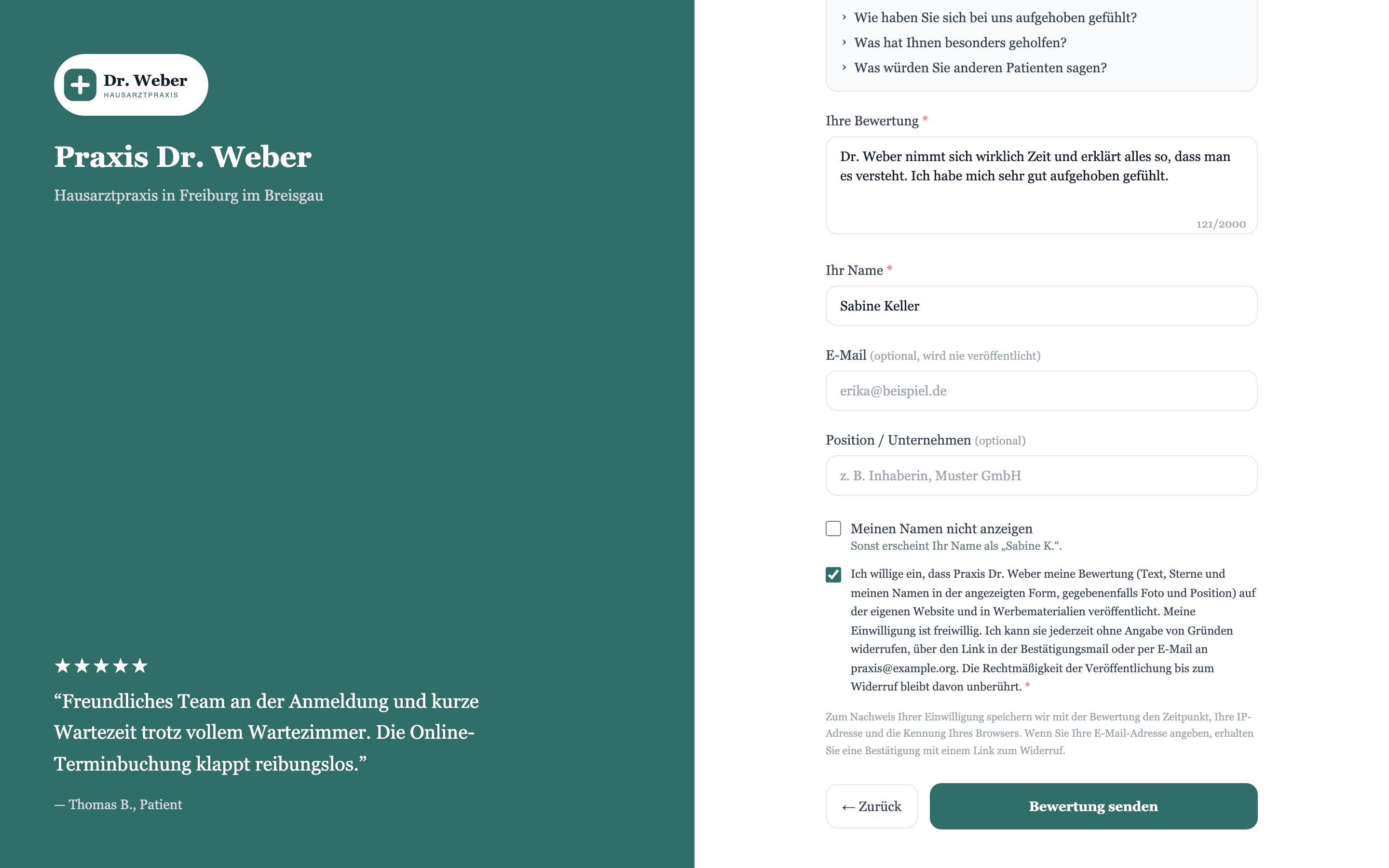Review form asking for consent to publish before sending