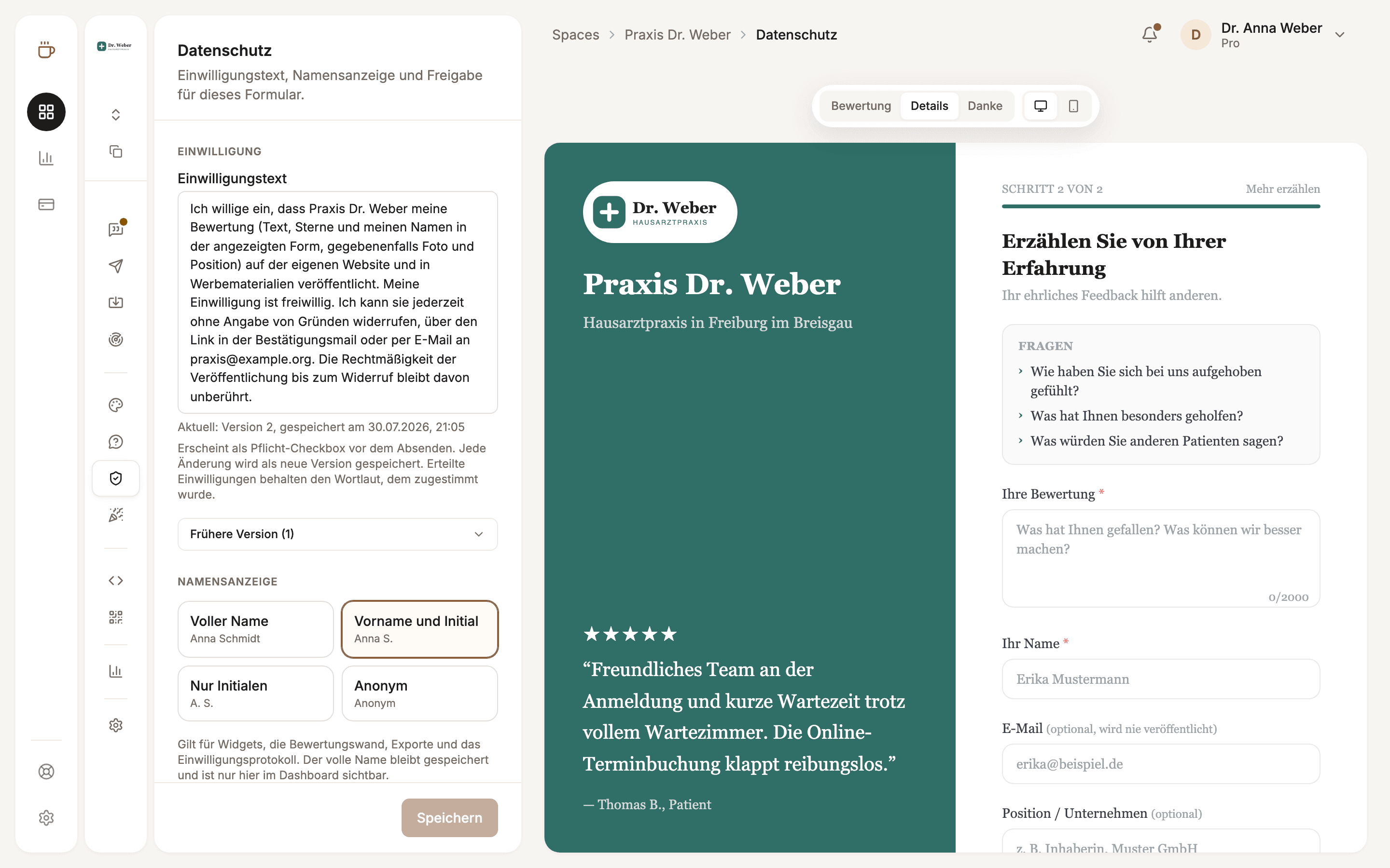 Privacy settings in the dashboard with the consent text and a preview of the form
