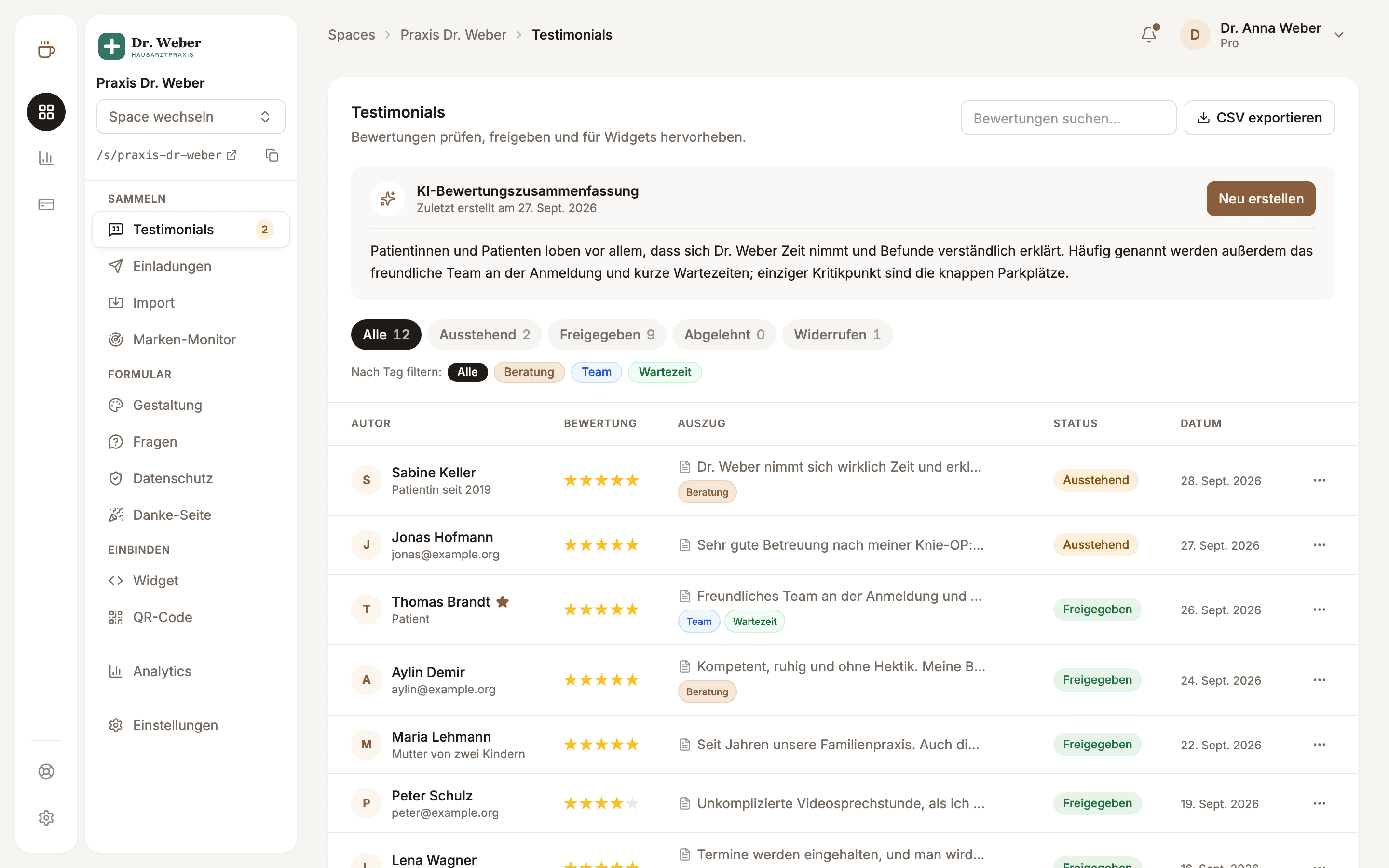 Mocha dashboard with the reviews of Praxis Dr. Weber, their status and the AI summary