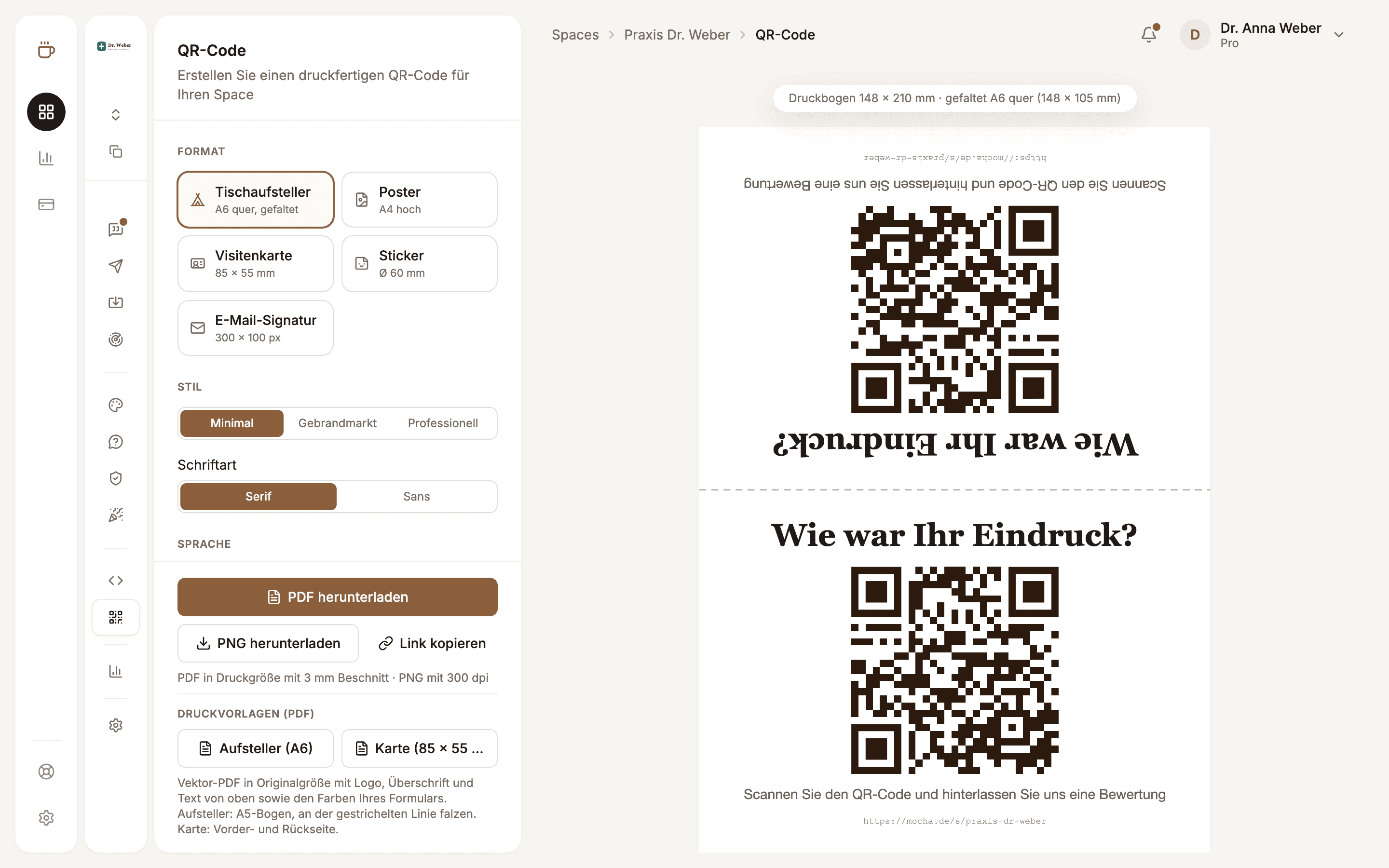 Preview of a QR code table tent for Praxis Dr. Weber